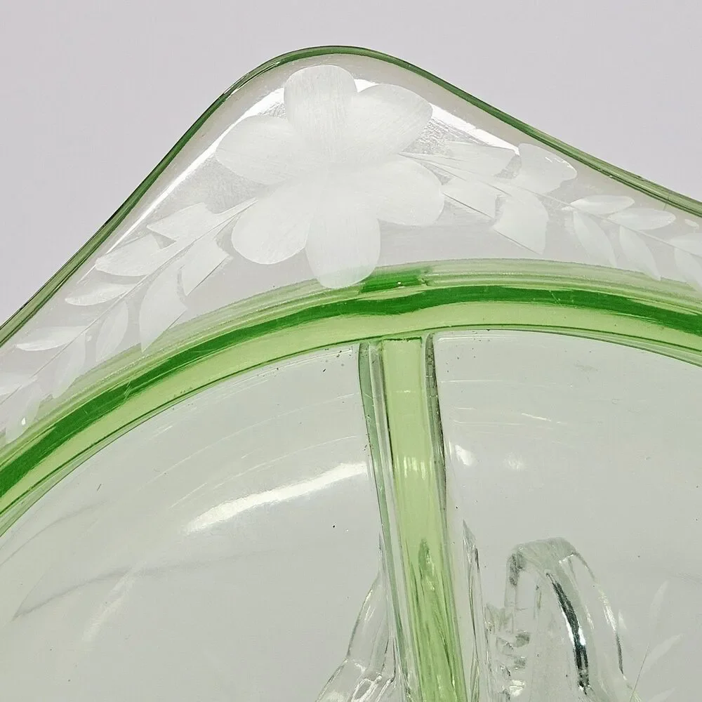 Vtg Green Uranium Vaseline Glass 3 Part Serving Dish Jewelry organizer Trinket
